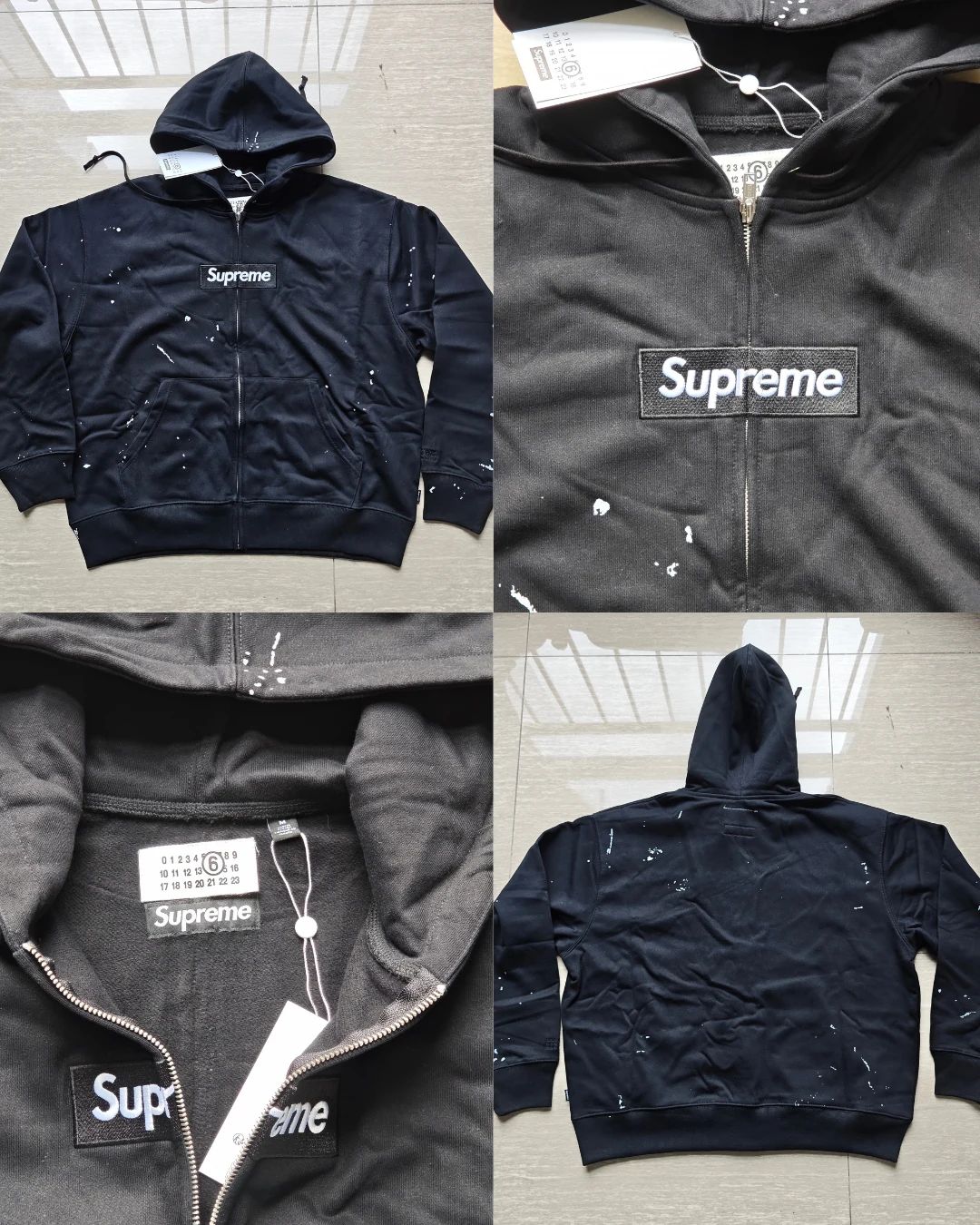 Navy Supreme × MM6 zip hoodie shown from multiple angles