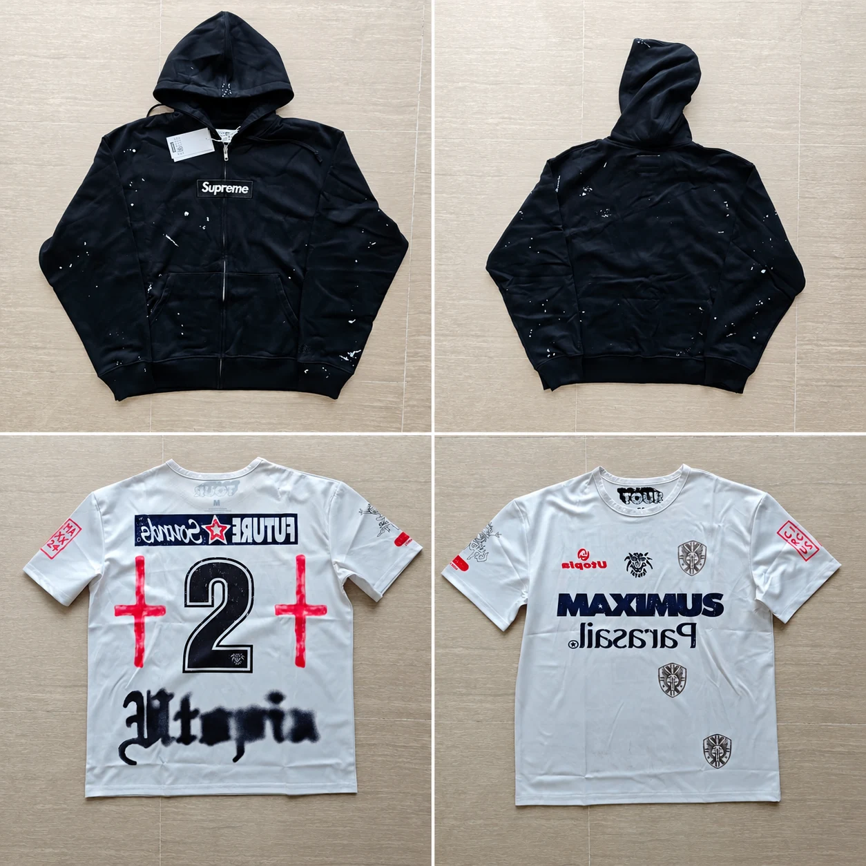 Black hoodie and white football-inspired jersey
