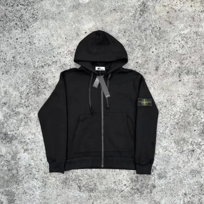 Stone Island Black Zip-Up Hoodie with Logo Patch